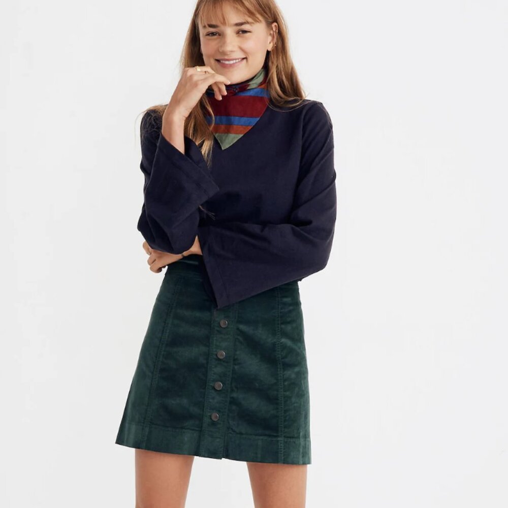 Madewell Velveteen A-Line Mini Skirt: Button-Front Edition Size 8 in Smoky Spruc